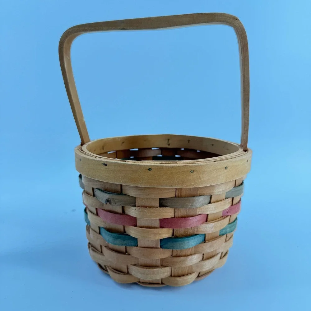 Vintage Woven Wood‎ Basket Small Tan Green Red Farmhouse Decor Handle Easter